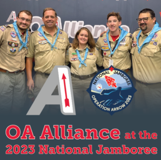 OA Alliance at the 2023 National Jamboree with the OA Alliance and Jamboree logos and Arrowmen in the background